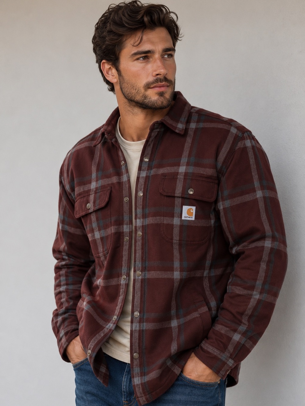 Carhartt Relaxed Fit Flannel Sherpa-Lined plaid Shirt jacket